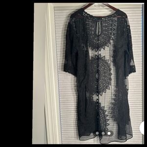 Semi Sheer Black Lace Floral Embroidered One-Size Kimono Cover-Up Duster OS